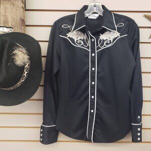 Vintage Western Ladies pearl Snap silver black shirt Mwg Miss Joni West